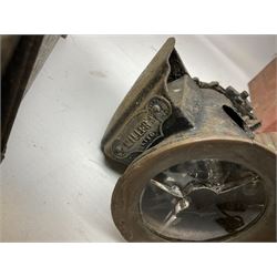 Collection of cast iron lamps, predominantly railway and coach examples, to include John Phillips Light of London Lamp Co coach lamp and Lito bicycle lamp by Miller & Co of Birmingham, etc