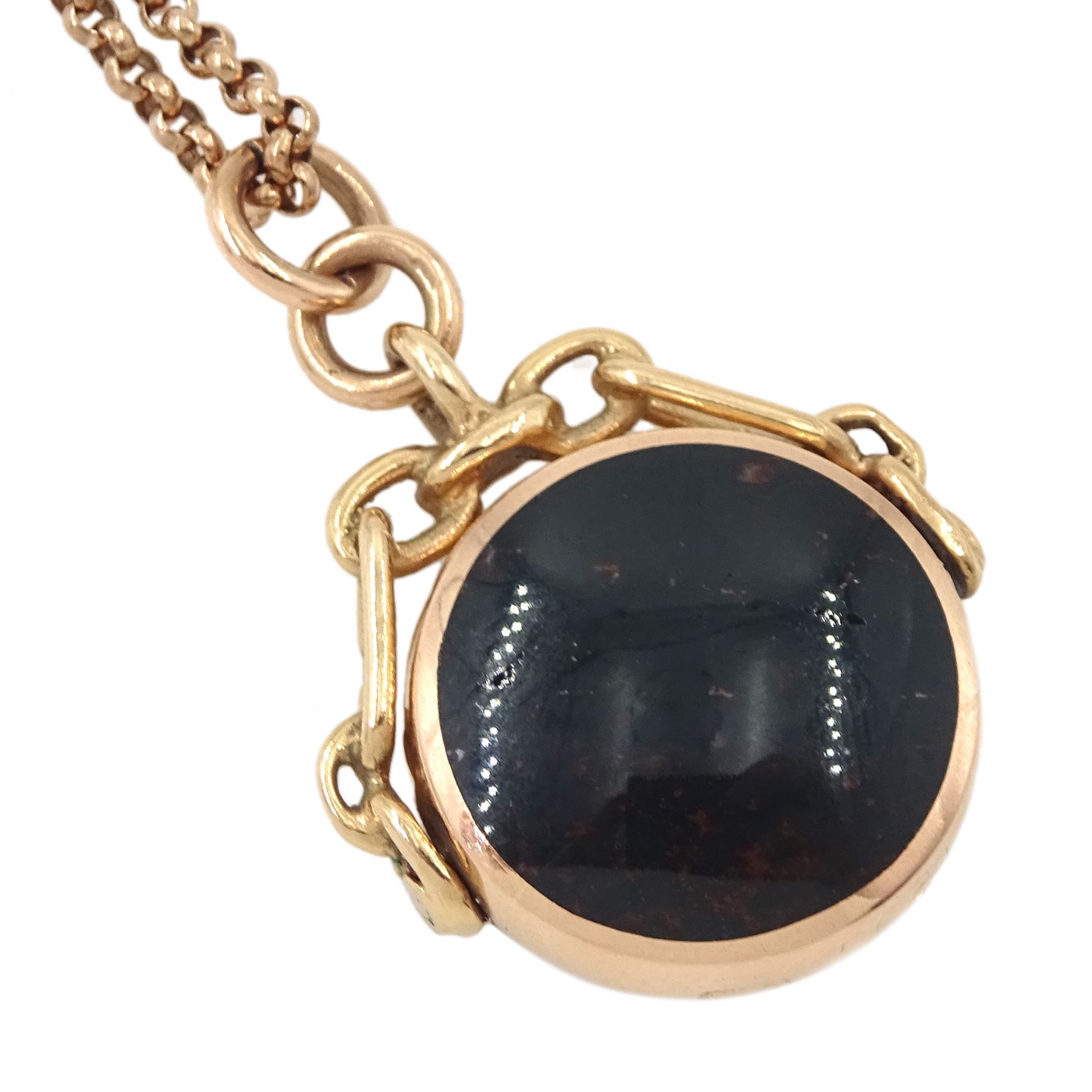 9ct rose gold agate and bloodstone swivel fob by David Scott Walker, Sheffield 1995, on 9ct rose gold belcher link chain necklace, hallmarked