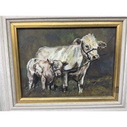 English School (20th century): Westaby Sheriff Hutton Cow and Calf, oil on board signed and dated 1991 together with a chalk portrait of a horse max 25cm x 19cm (2)
