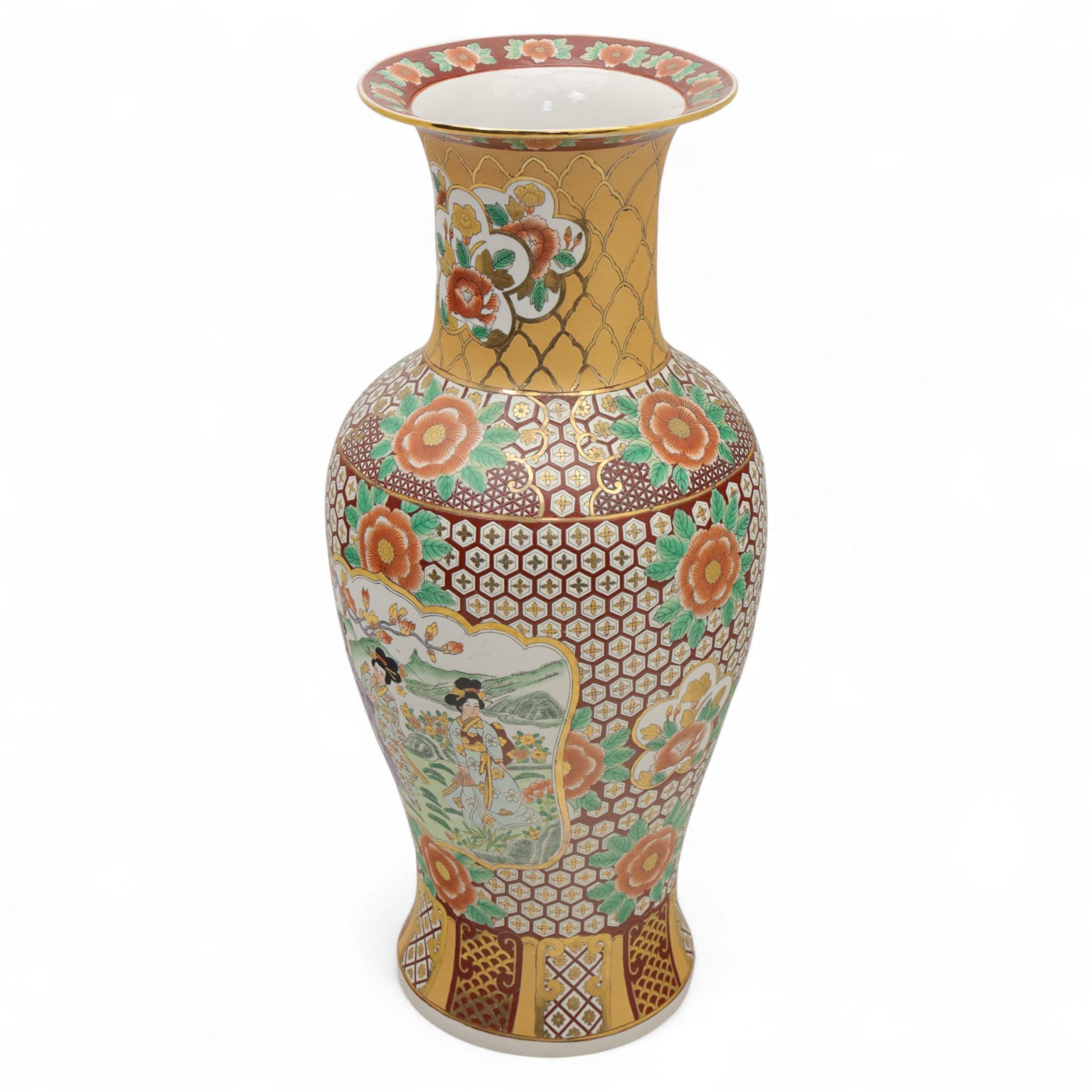 Floor vase, of baluster form with fluted rum, the central panel with figures in a landscape, within a geometric design, H95cm+ 