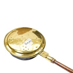 Pine Dolls crib, Pedigree push along rescue dog, warming pan and John Watts mahogany folding tray