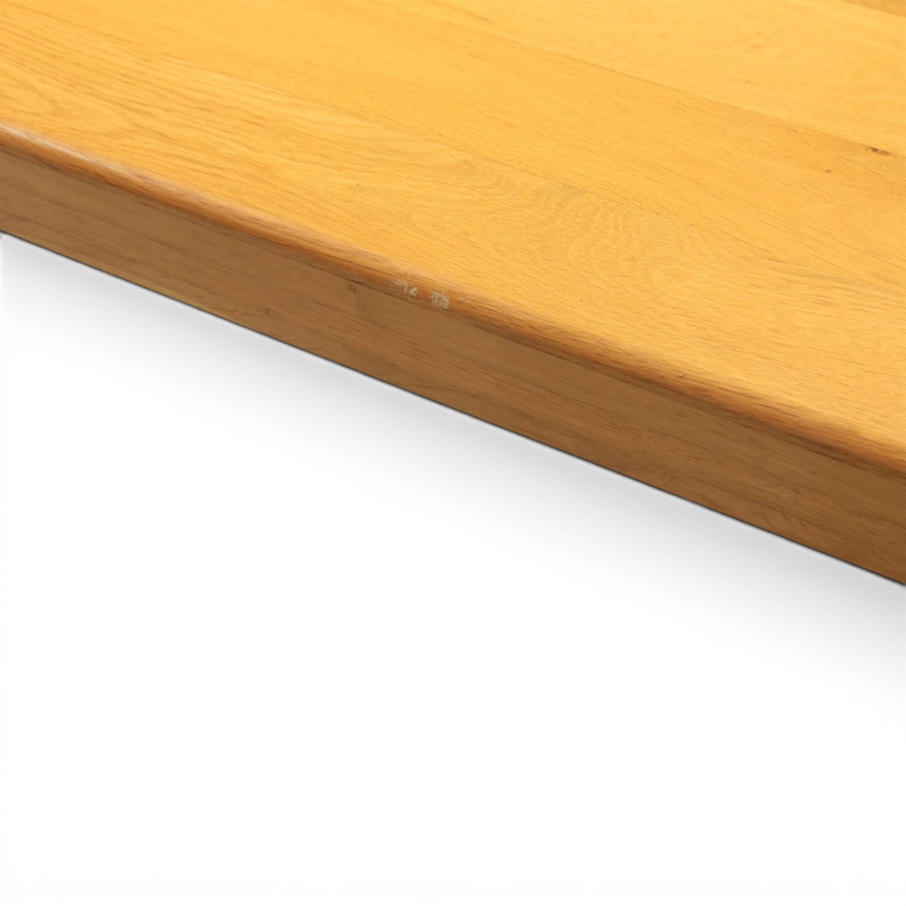 Contemporary solid oak dining table, and set of eight chairs, rectangular plank top with chamfered edges, raised on square supports