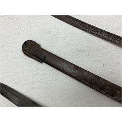 19th century Imperial German army heavy cavalry officers sword by Schnitzler and Kirschbaum, with 89cm single fullered steel blade and sheet steel basket hilt with teardrop cut-out and wire-bound leather grip L107.5cm overall; in steel scabbard with two suspension rings; and British Army 1822 Pattern Infantry Officer's sword in associated scabbard (2)