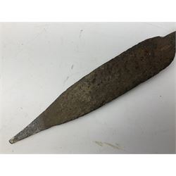 Patinated 'bronze' fantasy dagger, the 26cm blade, hilt and scabbard cast with dragons L50cm overall; hand forged iron spearhead L29.5cm; and a stiletto blade (3)