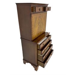 Shaw of London - mahogany secretaire chest, the upper section fitted with two drawers over fall front enclosing drawers, cupboard and pigeon holes, the lower section fitted with four graduating drawers, on bracket feet