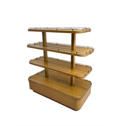 Early to mid-20th century Art Deco design oak shop display stand, fitted with four tiers, the middle two adjustable, with chrome gallery 