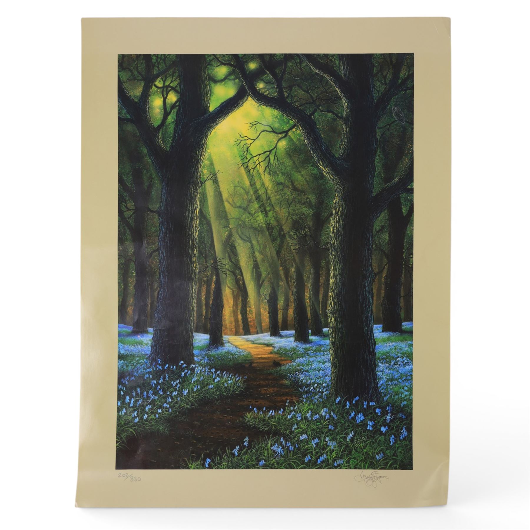 Danny Flynn (British 1958-): digital print of for a 90s TV show that never came to air featuring Danny Flynn in the centre and Arthur C Clarke looking on, two limited edition signed prints of a bluebell wood, two further signed limited edition prints of birds in surreal landscapes and a collection of postcards, three prints framed, largest H34cm

Notes: This item is from the private collection of Arthur C. Clarke's brother.