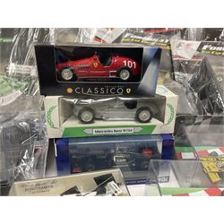 Panini Formula 1 The Car Collection - twelve die-cast models including ten in unopened packaging with periodical; all models in plastic display boxes; and eight other boxed die-cast models of racing cars by Corgi, Onyx, Classico, Minichamps etc (20)