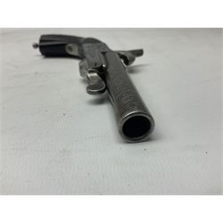 Mid-19th century French Boissy 12mm single barrel pin-fire pistol, the 9.5cm rifled barrel with brown stub twist damascus decoration, side screw under lever opening and English proof marks, retailed by H. Akrill Beverley, chased action with drop-down trigger and carved walnut stock L21cm