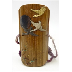  Japanese Meiji Bamboo four case inro with Shibayama decoration, back & gold lacquer Netsuke and Goldstone ojime, H9cm Provenance: private collection   