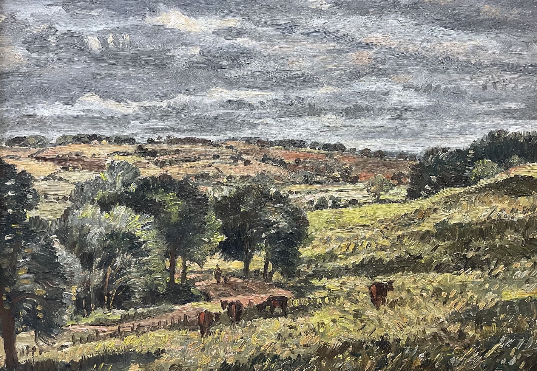 George Graham (British 1881-1941): Cows Grazing near Rye, oil on canvas unsigned, attributed and indistinctly titled verso 24cm x 34cm 