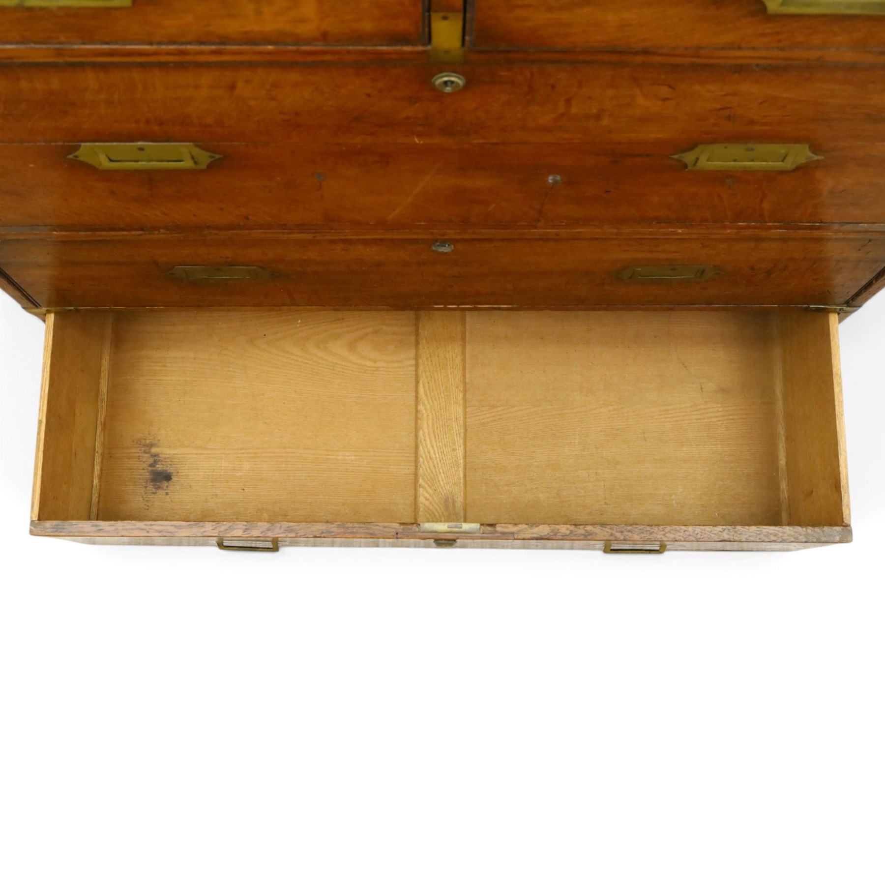 19th century brass bound mahogany campaign chest, with brass bound corners and edges, recessed brass handles, the upper section with two short over one long drawer, the lower section with two long drawers