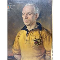Roland F. Spencer Ford (1902 - 1990), oil painting on canvas, half length portrait of Raich Carter, standing dressed in Hull City kit, the Hull town crest in the background surrounded by the names Hull City A.F.C., Sunderland, Derby County and England, bears label verso from the studio of the artist in Newstead Street, Hull with original price of £75, signed, 59.5 x 49.5cm, gilt frame with metal plaque inscribed ' Presented by the Management Committee/of the Hull City Supporters Clubs/as a mark of esteem and appreciation/for services rendered to/Hull City A.F.C./and to football in general/October 1952'. Provenance: By direct descent from the family of Raich Carter having been consigned by his daughter Jane Carter.