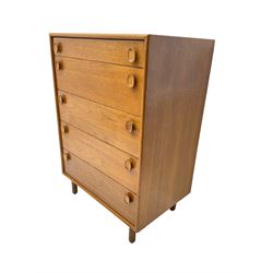 Meredew - mid-20th century teak chest of drawers, fitted with five drawers each with oval wood handles