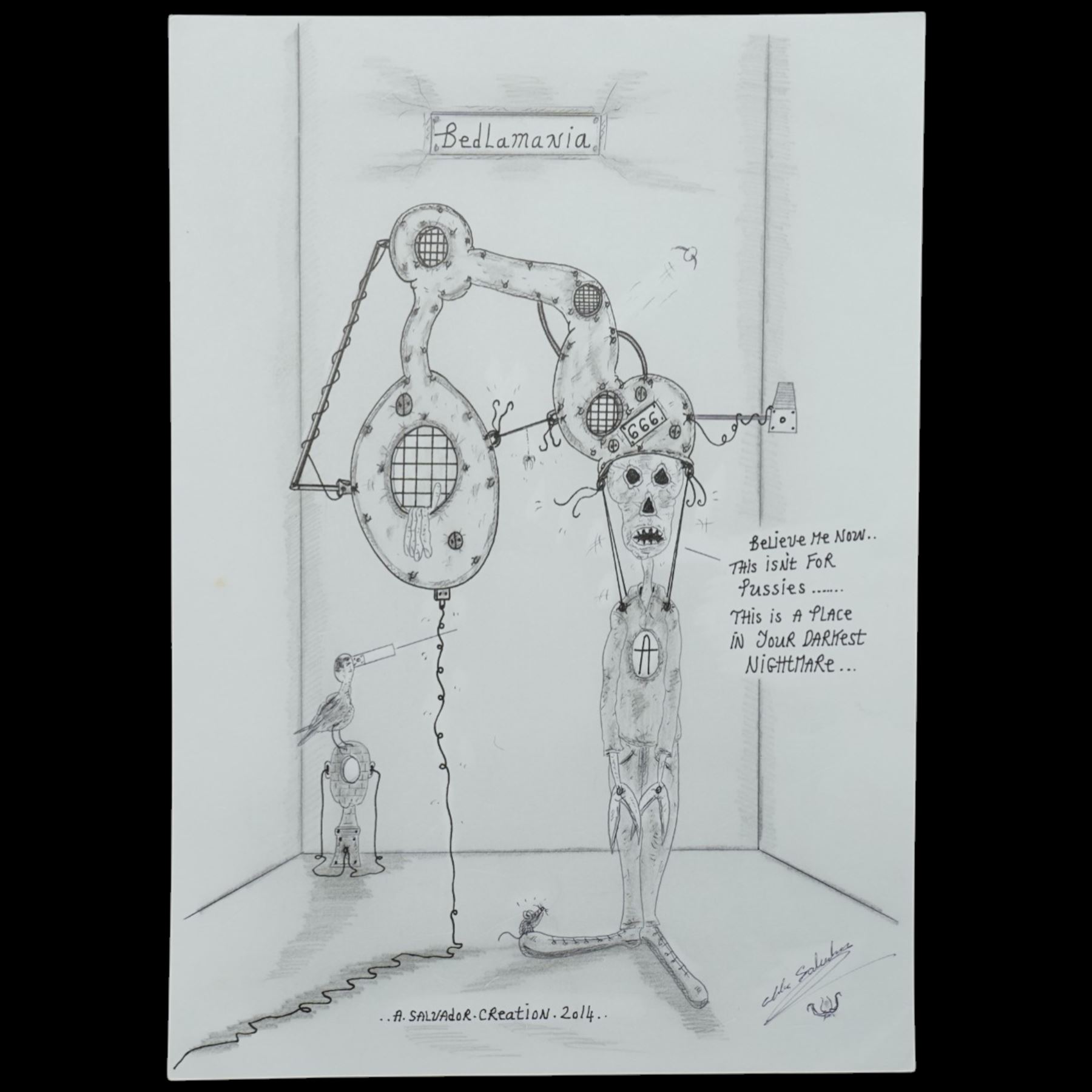Charles Bronson (Charles Arthur Salvador) (British 1952-): A comprehensive collection of five hundred mixed media works executed between 2000 and 2025. Produced during the artist’s long-term incarceration, the works are primarily in ink, coloured pencil and mixed media on paper. The collection includes multiple formats: A5 (15 works), A4 (308 works), A3 (164 works) and A2 (13 works). Some are signed and dated; a number are executed on the reverse of official prison documents and other repurposed materials, reflecting the limited availability of art materials within the prison environment. This collection represents the largest body of the artist’s work to be offered as a single lot and has not previously been available on the market. (500) (unframed)

Notes: Dated examples span the period from 2000 to 2025, with the greatest concentration produced between 2012 and 2019 and including a group of recent large-scale works from the final years of the period; approximately twenty percent are undated.