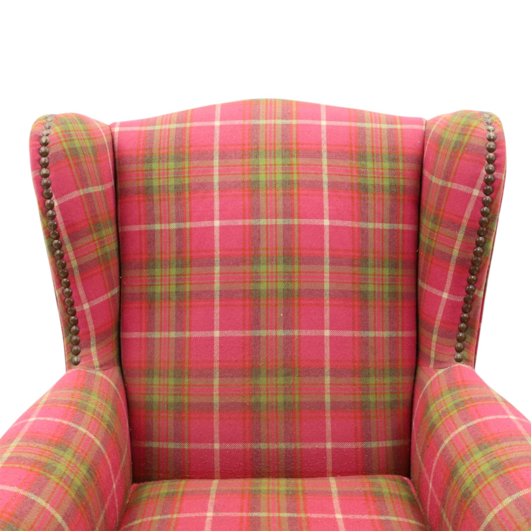 Next Home - Contemporary tartan wingback, studded wings above scrolled arms, light stained turned feet