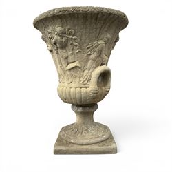 Greek design cast stone garden centre-piece urn, decorated with figures and loop handles, raised on squat pedestal, square base