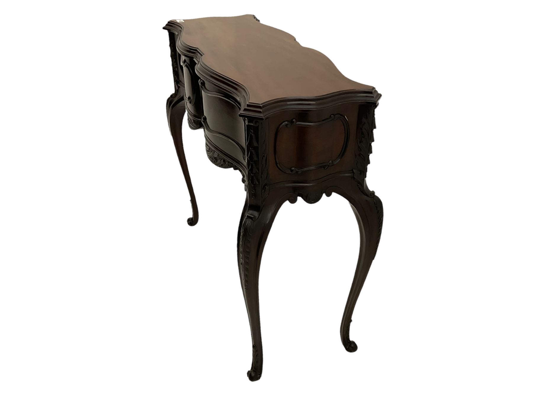 Late Victorian mahogany jardiniere planter stand, shaped form with fixed moulded top, applied c and s scroll mouldings and husks to the frieze and canted corners, acanthus carved cabriole supports with scroll carved terminals, 91cm x 37cm, H85cm