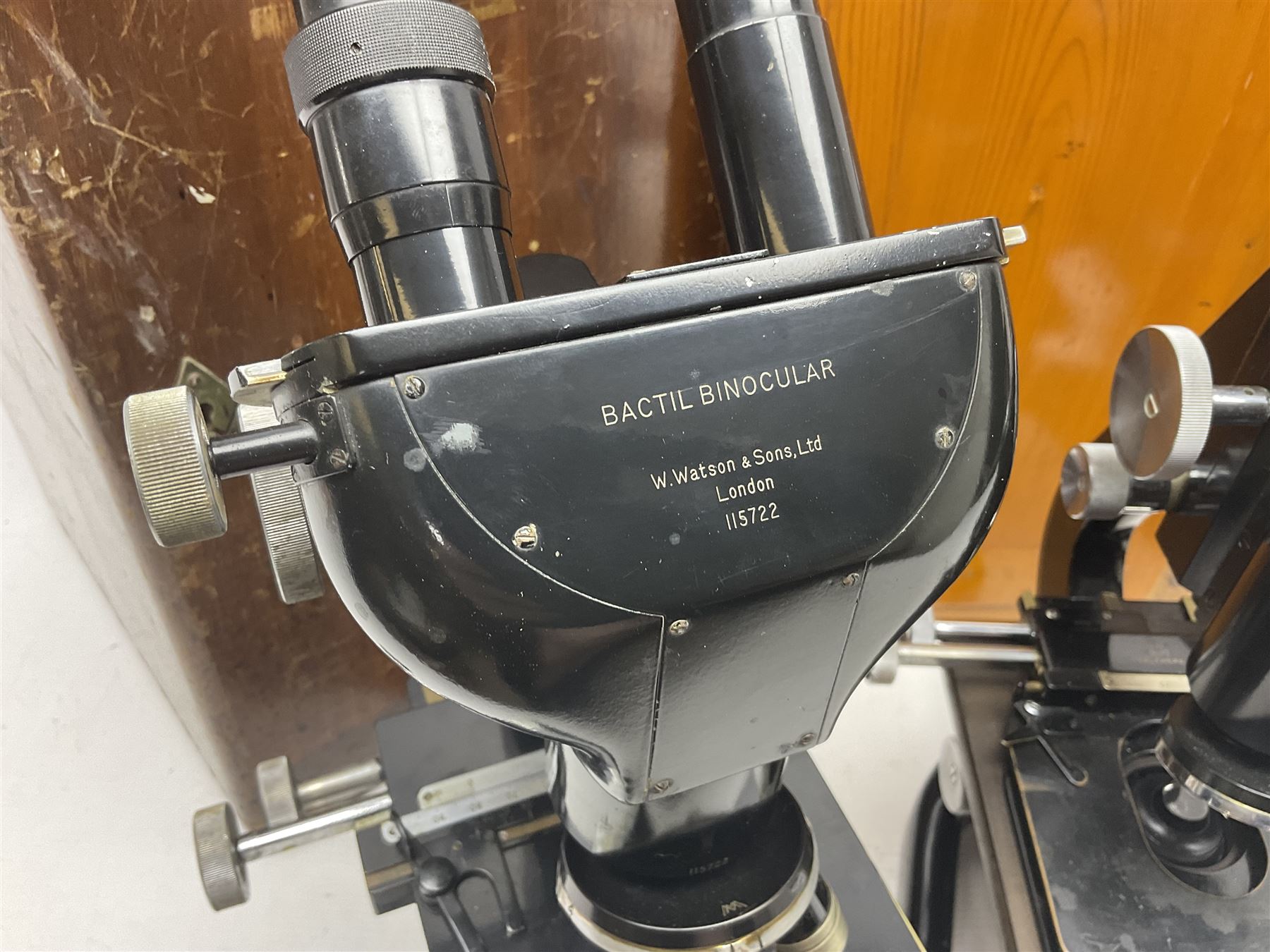 Three microscopes, comprising Ernst Leitz Wetzlar, W Watson & Sons service II no 125485, W Watson & Sons Bactil binocular no 115722, all boxed  