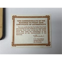 Two Commonwealth of the Bahamas 1978 ten dollar silver coins, both cased with certificates