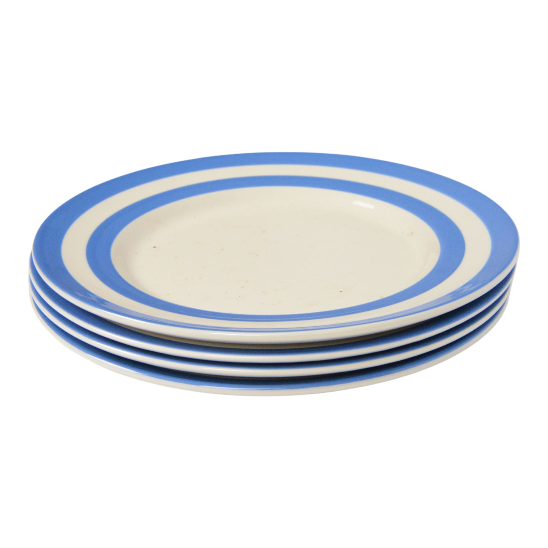 TG Green T.G. Green Cloverleaf blue and white striped pattern Cornishware, six dinner plates and nine side plates, together with a similar covered sucrier 