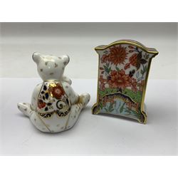 Royal Crown Derby Haiku pattern miniature clock, together with 1128 Imari pattern trinket box with cover and teddy bear figure, all with printed marks beneath   