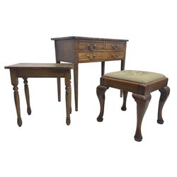 Early 19th century mahogany low-boy, fitted with two short and one long drawer, on square tapering supports (W77cm, H68cm, D40cm); small oak occasional table on turned supports; and a 19th century oak cabriole stool 