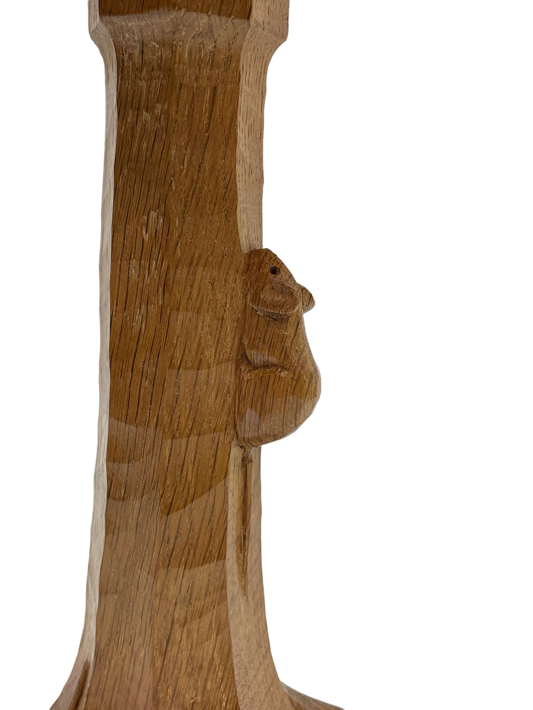'Mouseman' tooled oak table lamp, the octagonal tapered stem carved with mouse signature, with shade, by Robert Thompson of Kilburn