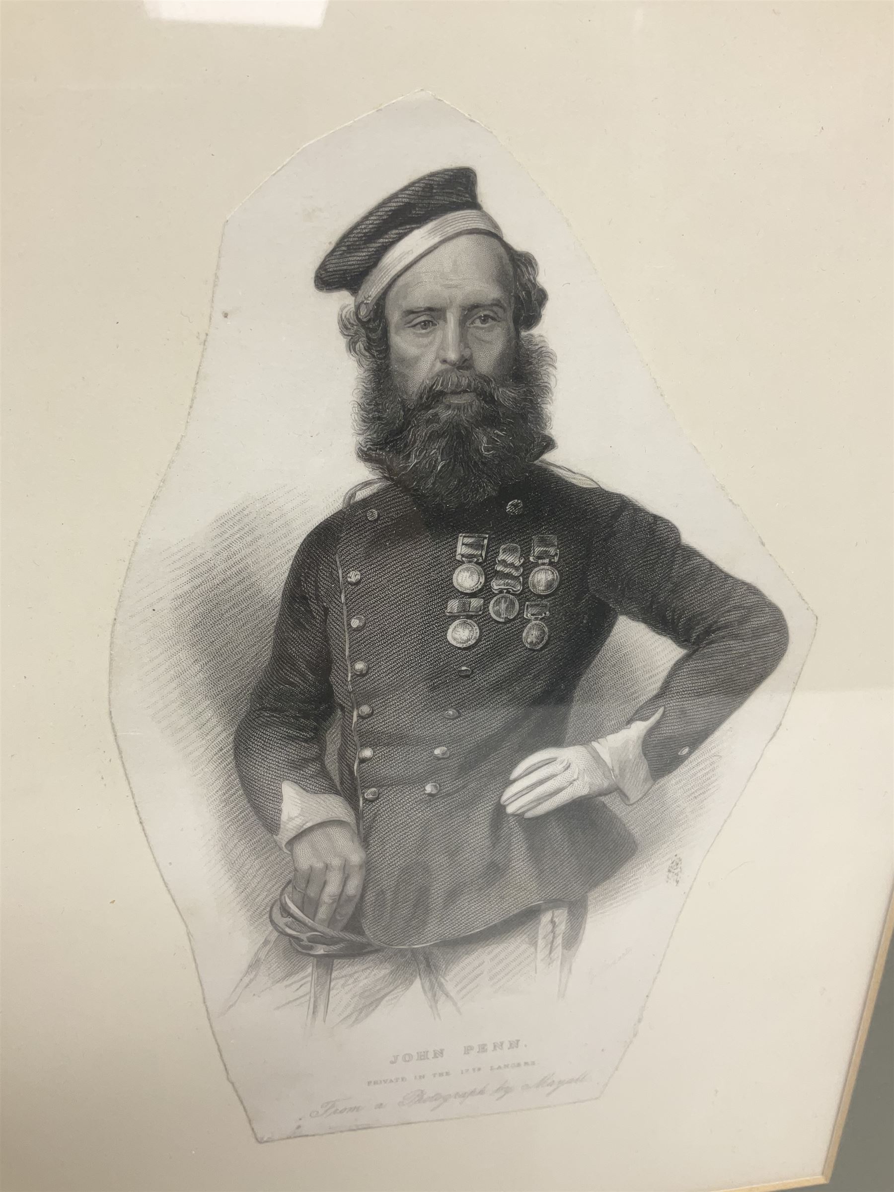 After Ackermann, Crimean War colour print in the Cobham Scenes series entitled '17th Light Dragoons (Lancers)', 15 x 19cm, Hogarth type frame; 19th century engraving of John Penn Private in the 17th Lancers, gilt frame; and oakframed colour print of a Napoleonic War scene (3)