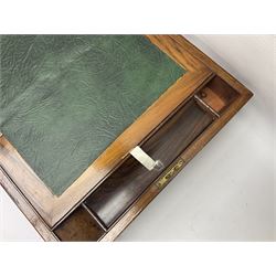 19th century brass bound wooden writing slope, the hinged lid with presentation engraving to brass cartouche, opening to reveal a green leather slope, H15cm, W35cm, D23cm