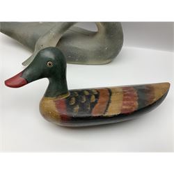 Six carved and painted duck sculpture, of various designs and sizes, largest L45cm 
