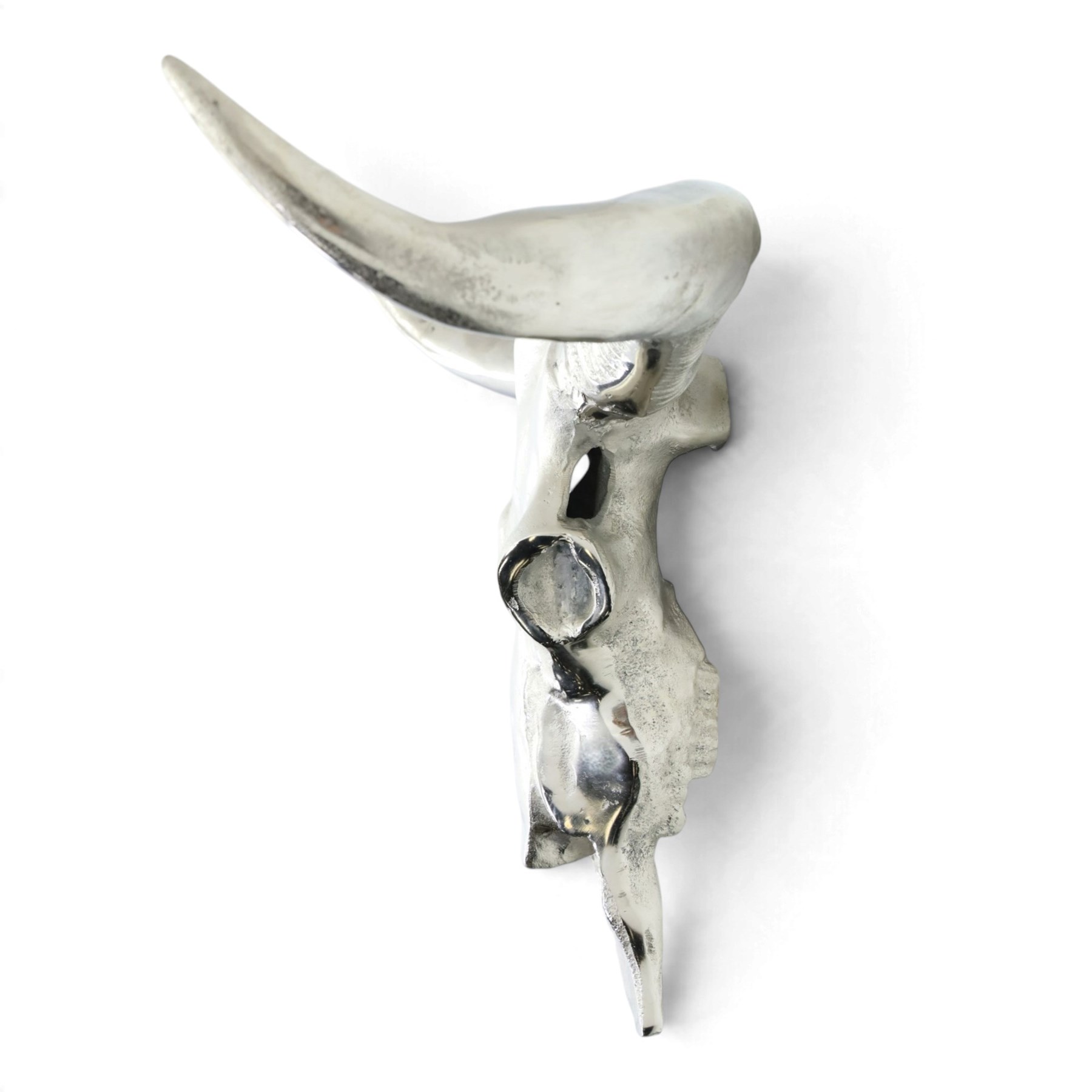 Contemporary cast metal bull skull wall ornament, polished silver finish with textured detailing and outstretched curved horns  