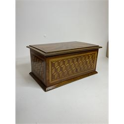 19th Century mahogany and parquetry box of rectangular form, geometric cube design, with a stylised sun detail to the hinged cover, opening to reveal three compartments, L33cm D21cm H16cm
