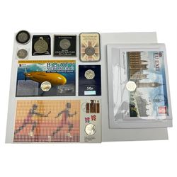 Five Queen Elizabeth II commemorative fifty pence coins comprising London 2012 Olympic and Paralympic Sport Athletics cover, 2011 Olympic fencing, 2017 Benjamin Bunny in change checker card, 2020 Peace prosperity and friendship with all nations in cover and 2022 Platinum Jubilee, British Antarctic Territory 2018 'Boaty McBoatface' fifty pence on card, Isle of Man 2020 'Churchill and his famous V for Victory' fifty pence, Great British 1977 commemorative crown and 1979 large old style fifty pence coin in plastic holder