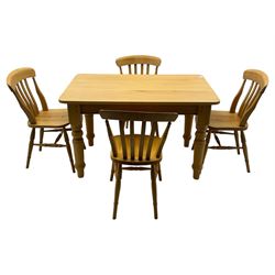 Light wood kitchen table; set of four chairs,  chairs have a shaped top rail over four vertical slats dished seat over turned legs on a H-stretcher 