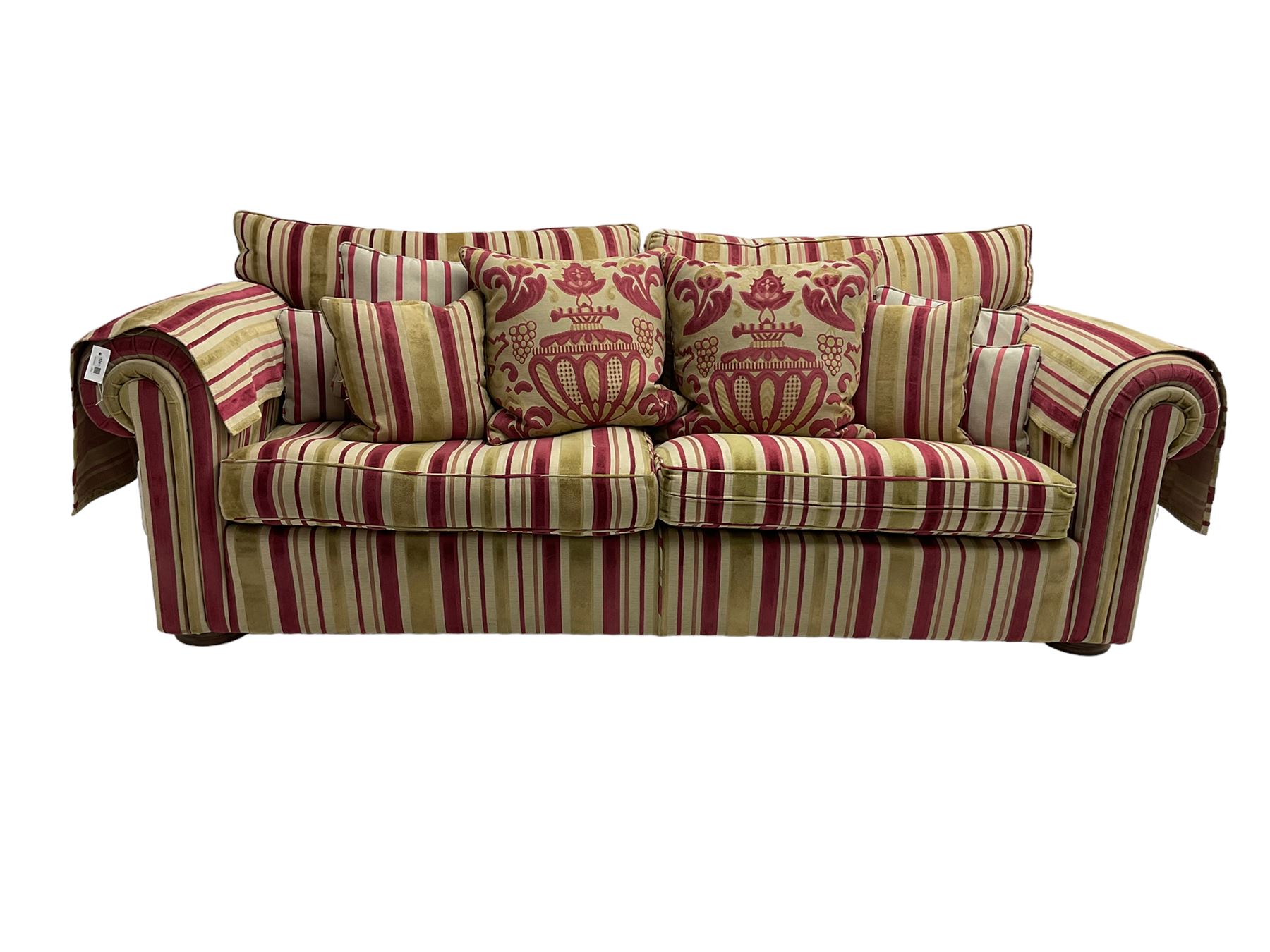 Duresta - 'Waldorf' large three seat sofa, upholstered in multi-colour striped fabric, on compressed bun feet