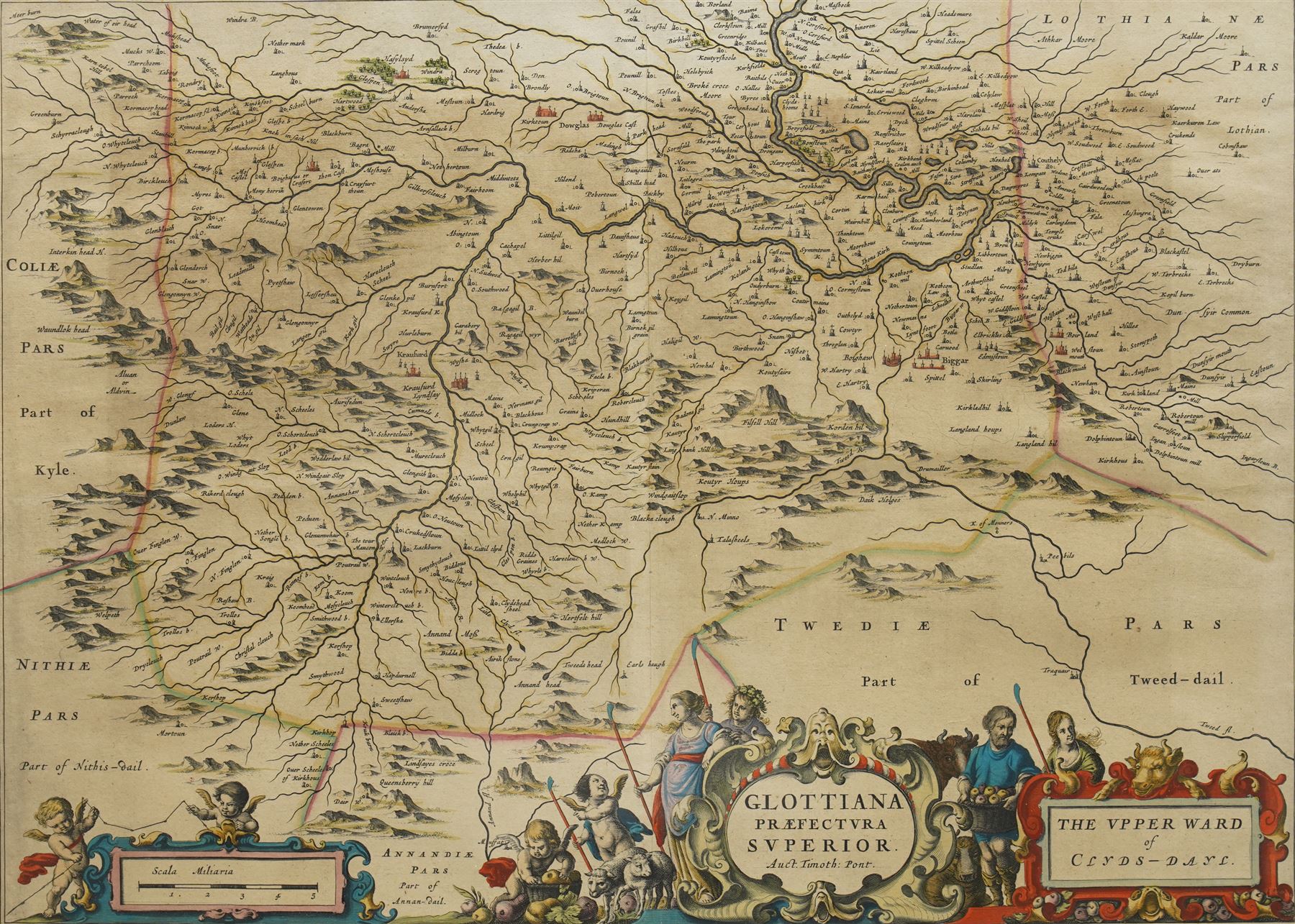 Johannes (Joan) Blaeu (Dutch 1596-1673) and Rev. Timothy Pont (Scottish c.1565-c.1615): 'Glottiana Praefectura Superior - The Upper Ward of Clyds-Dayl', 17th century engraved map with hand-colouring of Scotland - Upper Clydesdale 39cm x 54cm