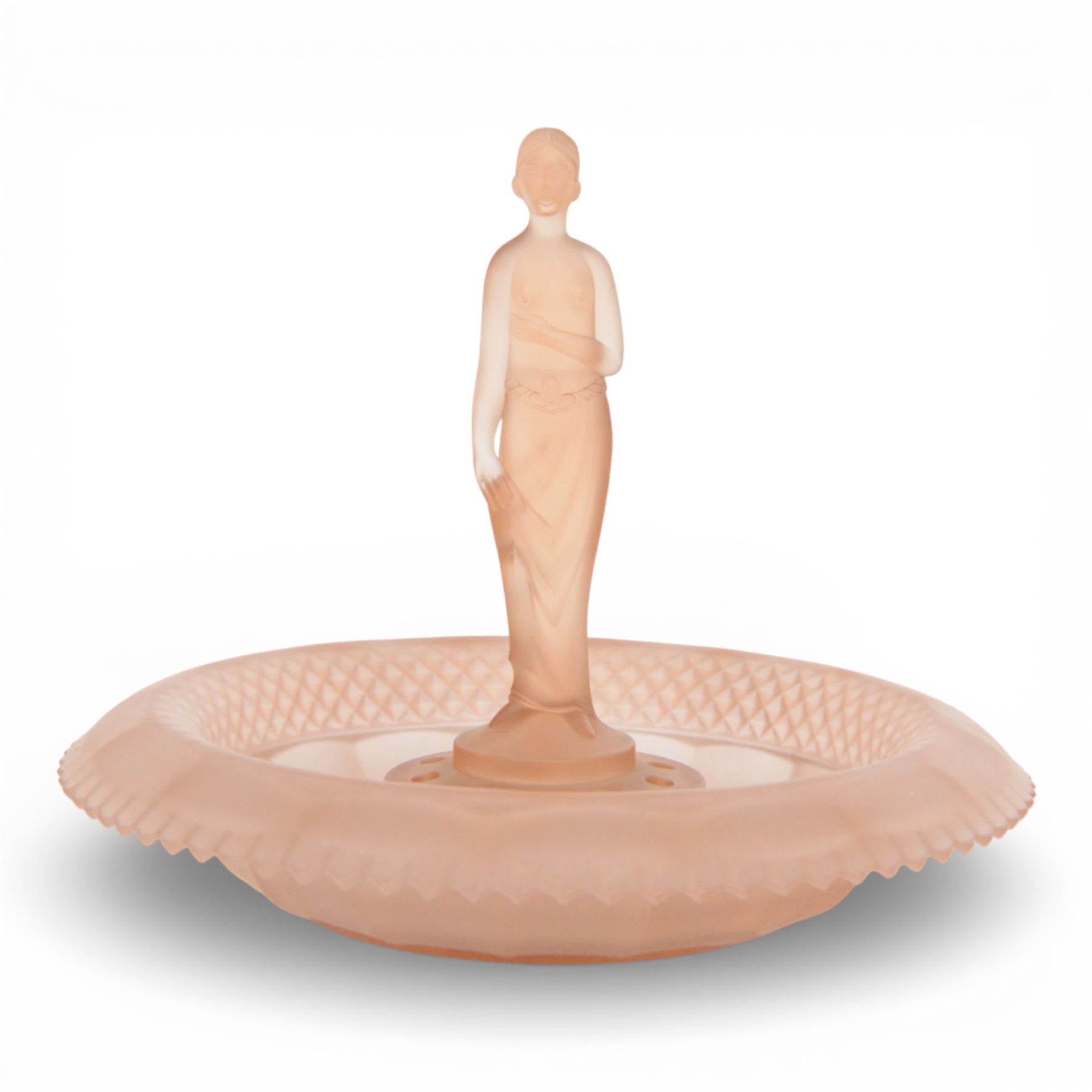 Walther & Sohne Art Deco pink glass float bowl, with central frog in the form of a lady, H23cm