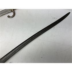 French Model 1866 sabre bayonet with 57cm fullered steel curving blade; in steel scabbard L71cm overall; another Model 1866 sabre bayonet lacking scabbard; and British Pattern 1856 sword bayonet (no scabbard) (3)