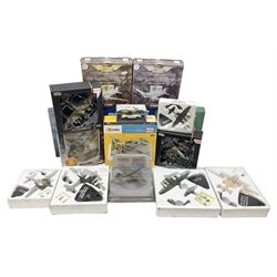 Fifteen modern die-cast models of aircraft by Corgi, Atlas Editions and Ixo including Aviation Archive, War Birds, Fighters of WWII etc; and model of an MGB Sports Car; all boxed (16)