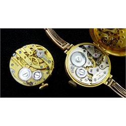 Three early 20th century 9ct gold manual wristwatches, two on rose gold expanding straps stamped 9ct, the other on a brown leather strap