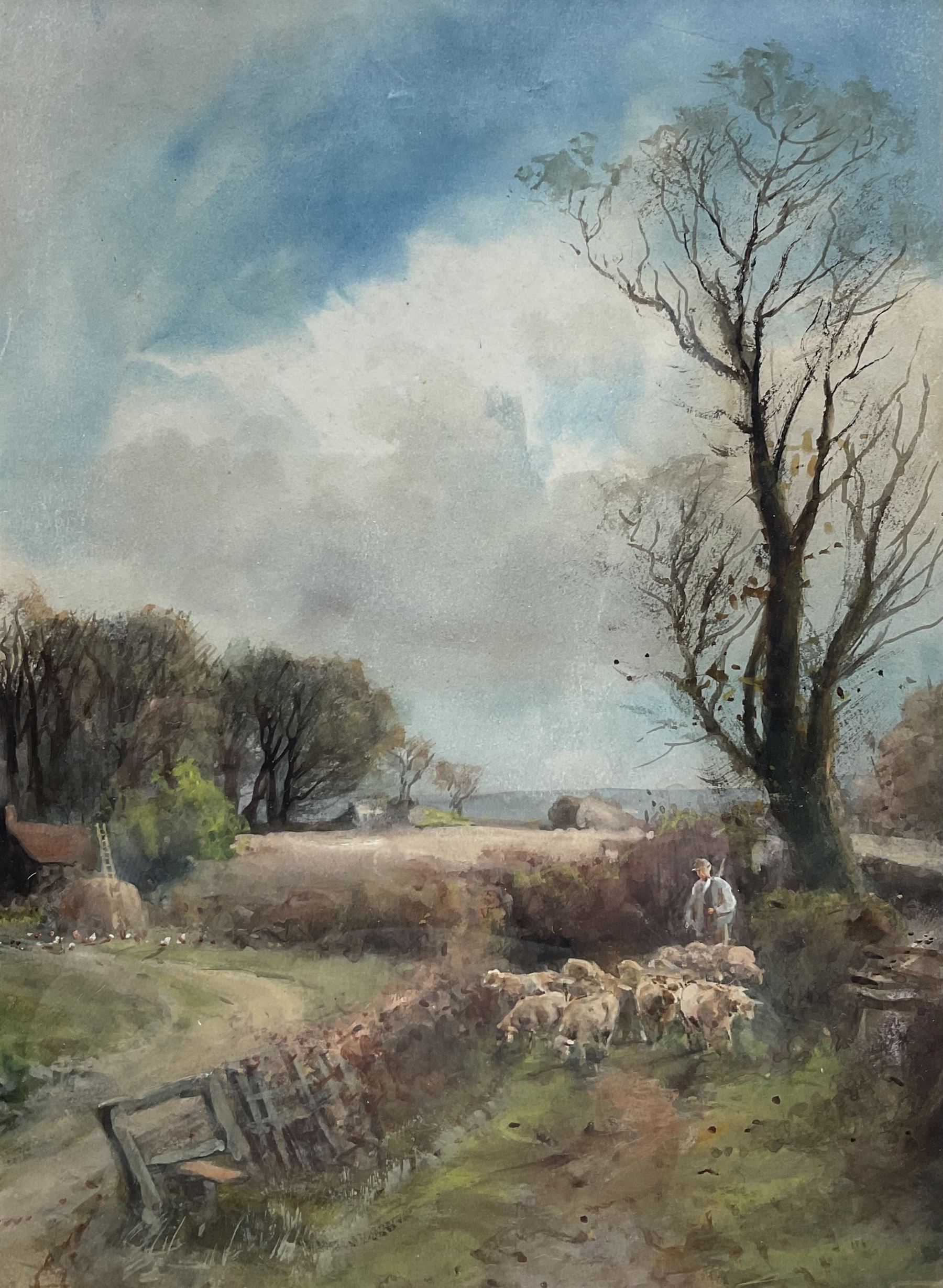 Henry Charles Fox RBA (British 1855-1929): Shepherd and his Flock, watercolour unsigned, attributed on mount 36cm x 27cm 