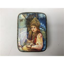 Two Mauchline ware boxes, comprising case modelled as a book depiciting The Ancient Entrance Gate, Stirling Castle, and lidded jar depicting Hythe Church, The Crypt, together with Russian lacquer box and other wood pot pourri bowl