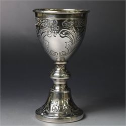 Continental silver goblet, with engraved floral decoration throughout and upon knopped ste...