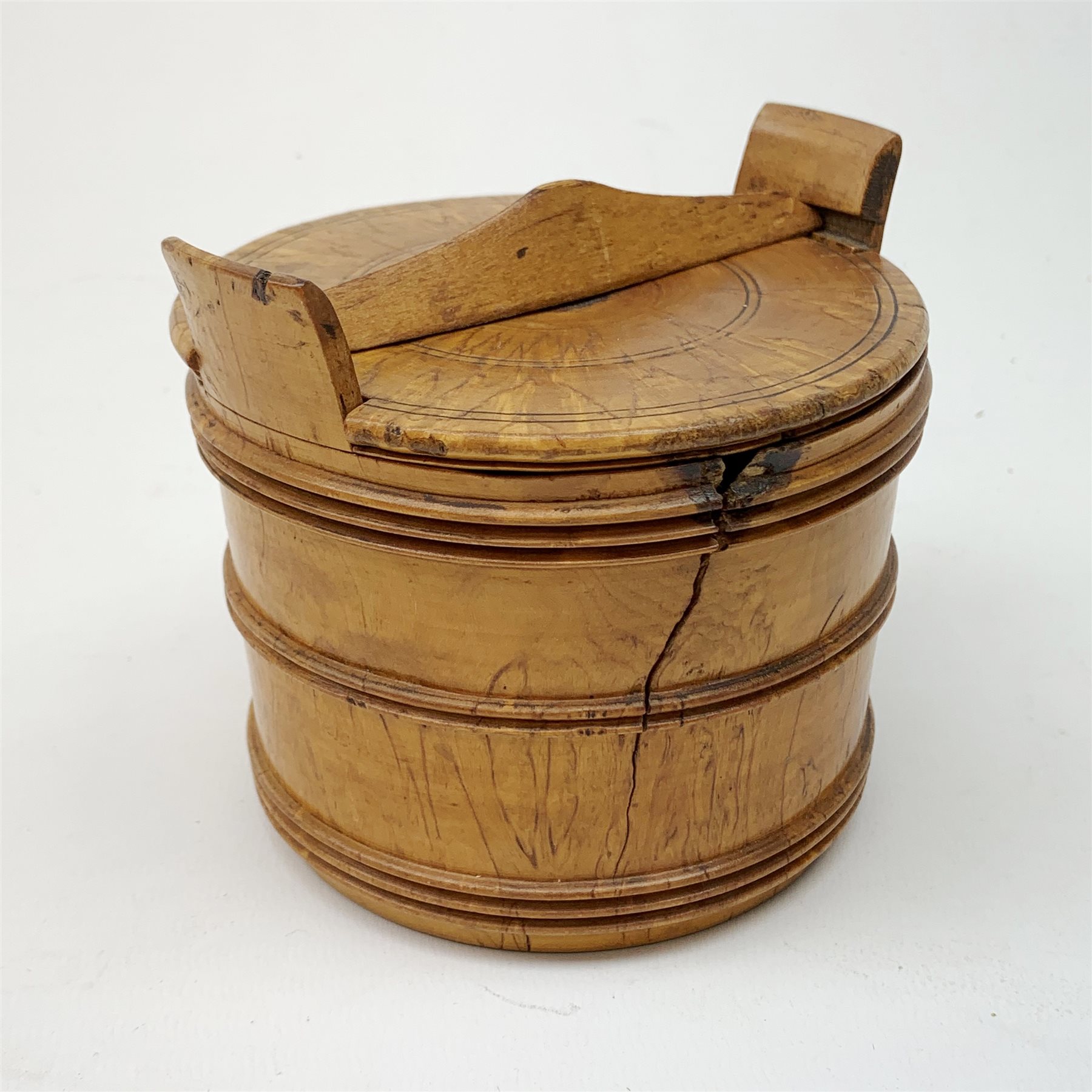 18th/19th century turned treen butter tub, with lockable cover, H10cm, D11.5cm The Country