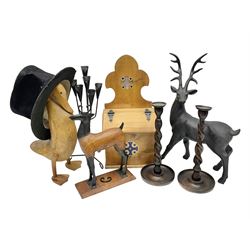 Wooden candle box, together with two barley twist candlesticks, carved duck and other collectables 