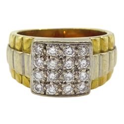18ct gold signet ring with four rows of pave set round brilliant cut diamonds and two tone gold stepped shoulders