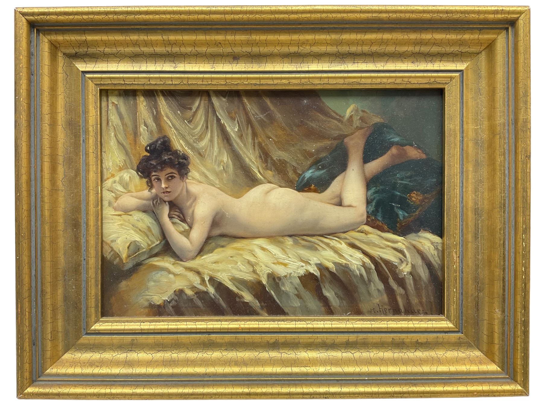 M Hernandez (French School 20th century): Nude Portrait of a Reclining Rococo Woman, oil on board signed 18cm x 27cm
