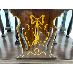 Victorian style rosewood three division Canterbury, the moulded surround supported by square tapered columns and pierced splats inlaid with bell flowers and musical instruments, fitted with single drawer, on square tapering supports with spade feet, boxwood stringing 