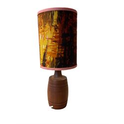 Wooden table lamp with shade together with two glass decanters, lamp H43cm